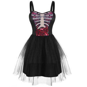Skeleton Flower Tutu Dress – Gothic Ribcage Bodice w/ Red Roses & Tulle Skirt |